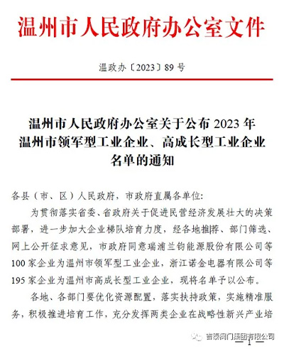 喜報(bào)：吉泰閥門(mén)集團(tuán)榮獲23年溫州市高成長(zhǎng)型工業(yè)企業(yè)